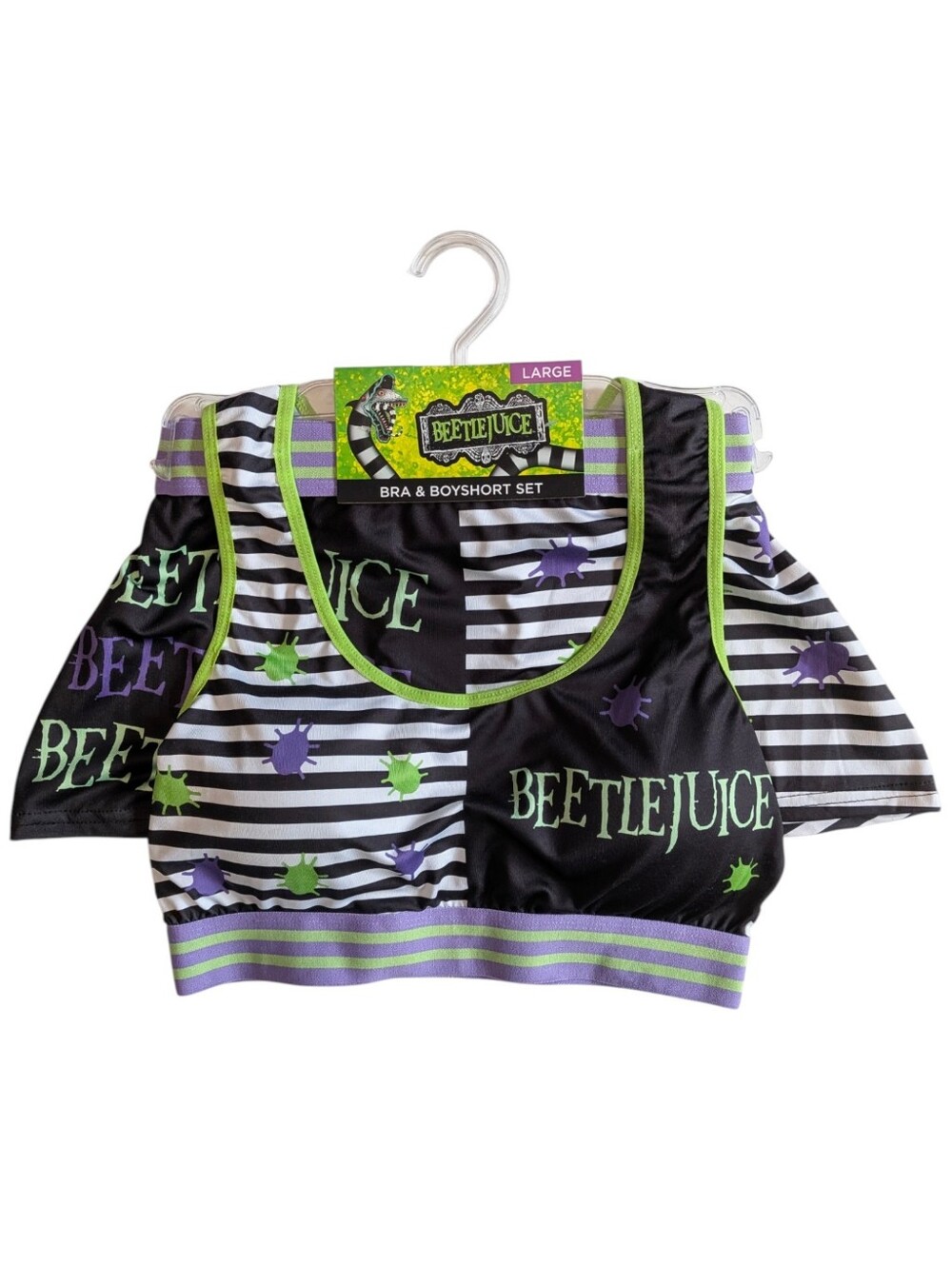Hot Topic Beetlejuice Bra Boyshort Set Split Stripe Large NWT